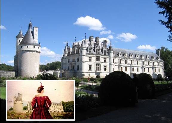 A personal photo of Chenonceau juxtaposed with the image of it from my novel.